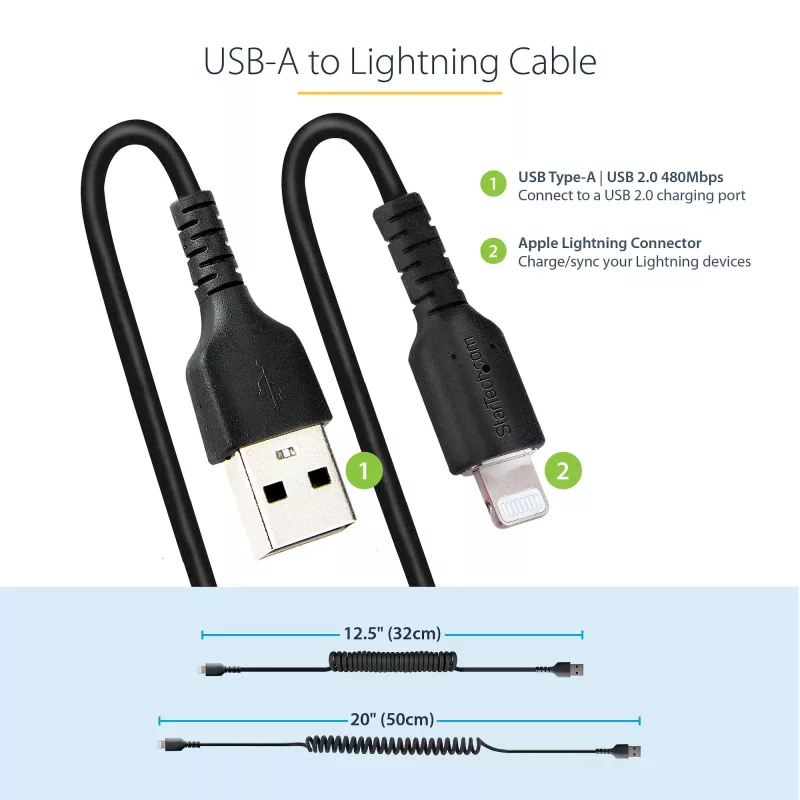 Cabo USB para Lightning StarTech.com de 50 cm (20 inch), certificado MFi, cabo de carregamento iPhone espiralado, preto, revestimento TPE resistente com fibra de aramida, cabo Lightning espiralado robusto