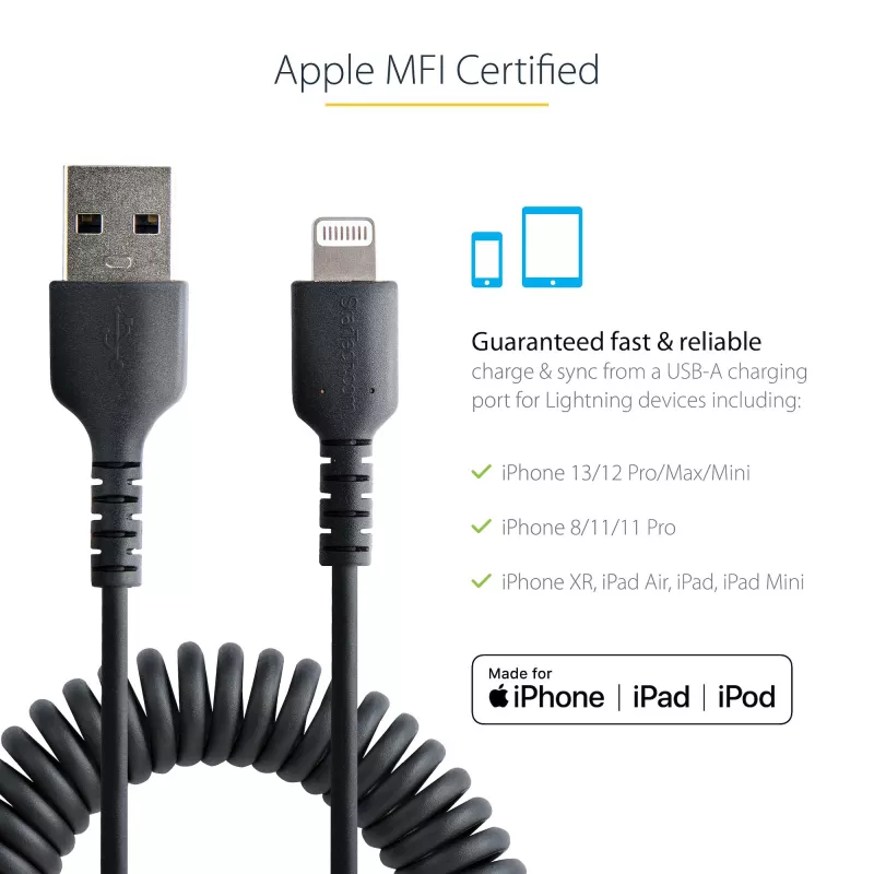 Cabo USB para Lightning StarTech.com de 50 cm (20 inch), certificado MFi, cabo de carregamento iPhone espiralado, preto, revestimento TPE resistente com fibra de aramida, cabo Lightning espiralado robusto