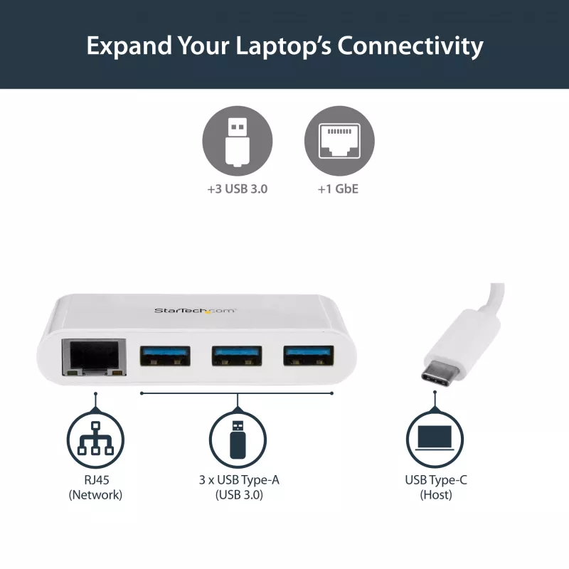 Hub USB-C de 3 portas StarTech.com com Gigabit Ethernet – USB-C para 3x USB-A – Hub USB 3.0 – branco