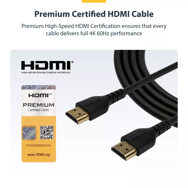 Cabo HDMI 2.0 slim StarTech.com de 0,9 m (3ft), cabo HDMI flexível com certificação Premium e Ethernet, UHD 4K 60Hz HDR10, design robusto em fibra de aramida com revestimento TPE