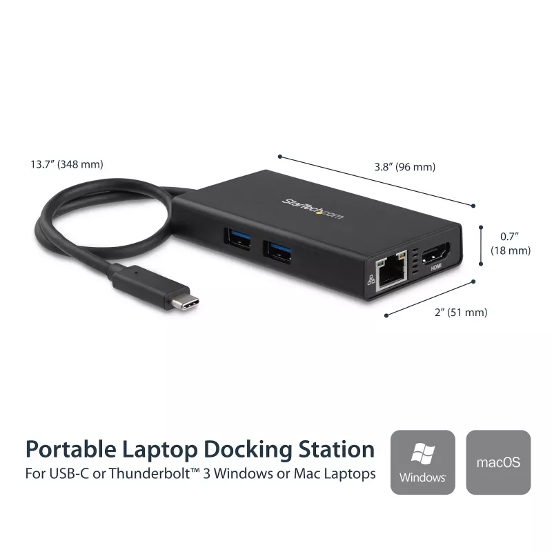 Adaptador multiporta USB-C StarTech.com – docking station de viagem USB-C com HDMI 4K – Power Delivery pass-through de 60 W, GbE, hub de 2 portas USB-A 3.0 – dock mini USB Type-C portátil para portáteis