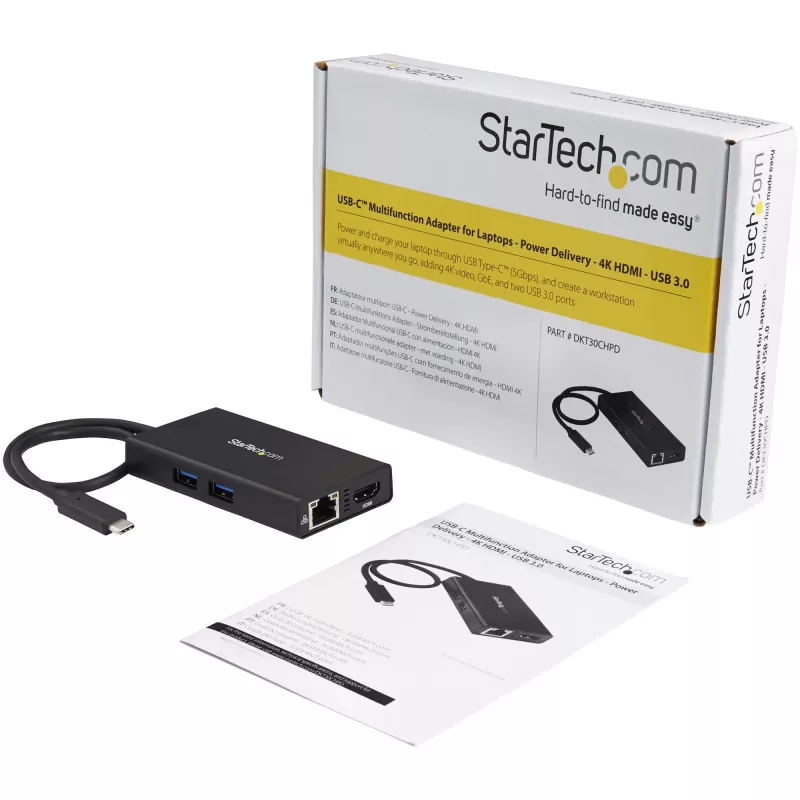 Adaptador multiporta USB-C StarTech.com – docking station de viagem USB-C com HDMI 4K – Power Delivery pass-through de 60 W, GbE, hub de 2 portas USB-A 3.0 – dock mini USB Type-C portátil para portáteis
