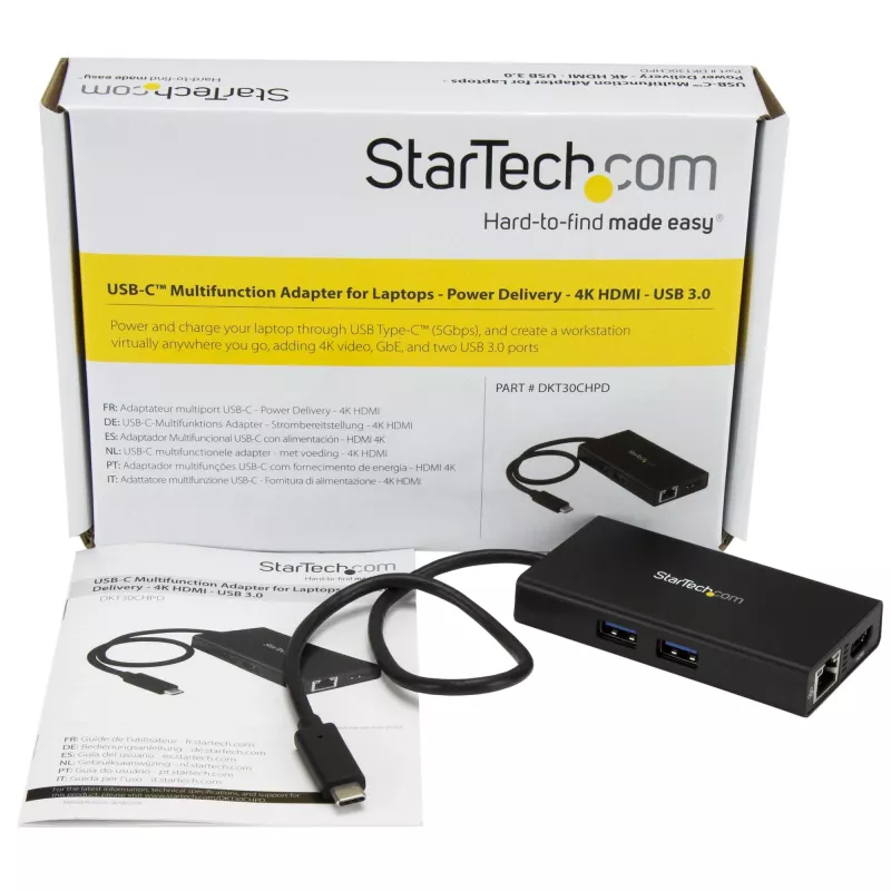 Adaptador multiporta USB-C StarTech.com – docking station de viagem USB-C com HDMI 4K – Power Delivery pass-through de 60 W, GbE, hub de 2 portas USB-A 3.0 – dock mini USB Type-C portátil para portáteis