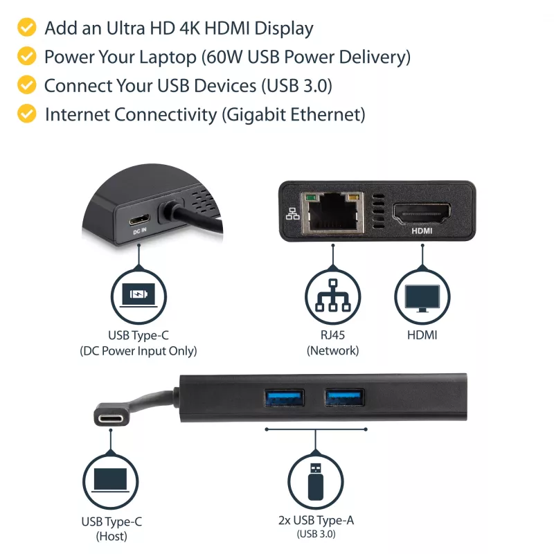 Adaptador multiporta USB-C StarTech.com – docking station de viagem USB-C com HDMI 4K – Power Delivery pass-through de 60 W, GbE, hub de 2 portas USB-A 3.0 – dock mini USB Type-C portátil para portáteis