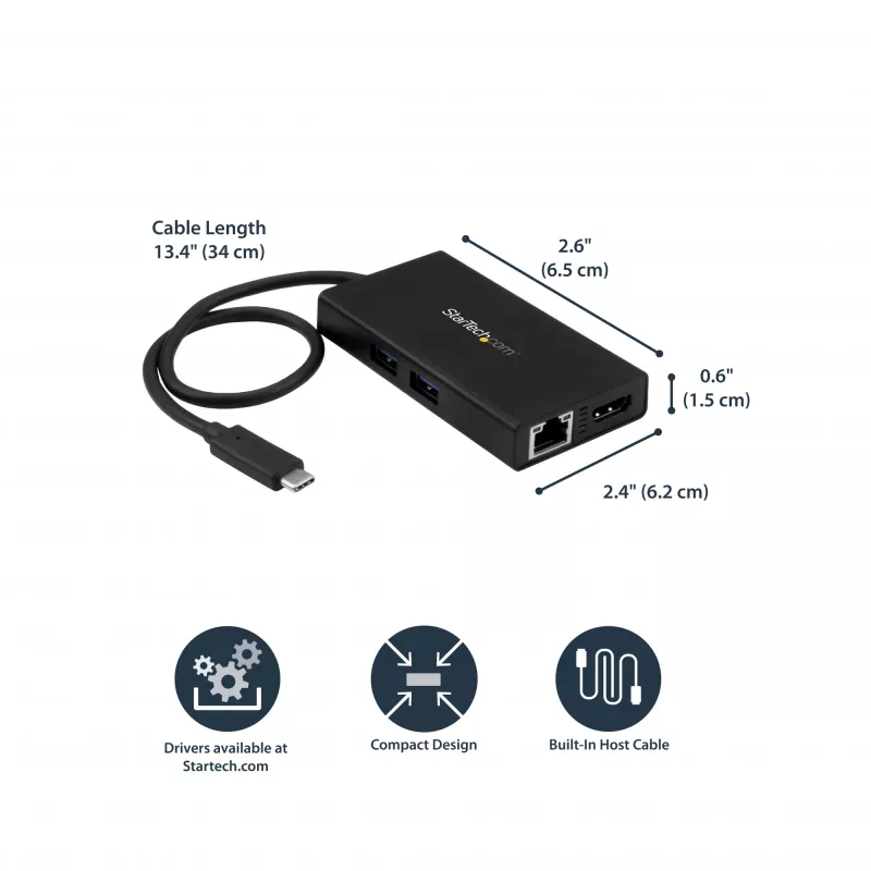 Adaptador multiporta USB-C StarTech.com – docking station de viagem USB-C com HDMI 4K – Power Delivery pass-through de 60 W, GbE, hub de 2 portas USB-A 3.0 – dock mini USB Type-C portátil para portáteis