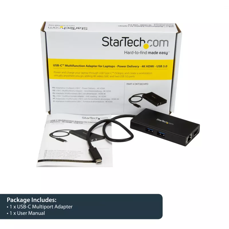 Adaptador multiporta USB-C StarTech.com – docking station de viagem USB-C com HDMI 4K – Power Delivery pass-through de 60 W, GbE, hub de 2 portas USB-A 3.0 – dock mini USB Type-C portátil para portáteis