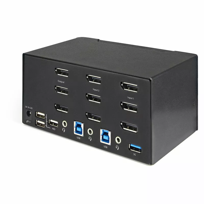 Comutador KVM DisplayPort StarTech.com de 2 portas para três monitores – 4K 60Hz UHD HDR – KVM DP 1.2 de secretária com hub USB 3.0 de 2 portas (5 Gbit/s) e 4 portas USB 2.0 HID, áudio – comutação por teclas de atalho – TAA