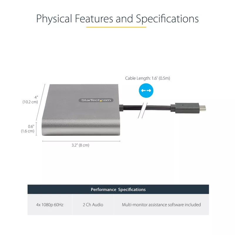 Adaptador USB-C para Quad HDMI StarTech.com, conversor USB-C para 4x monitor HDMI para Windows (sem suporte para macOS/ChromeOS/Linux) - TAA