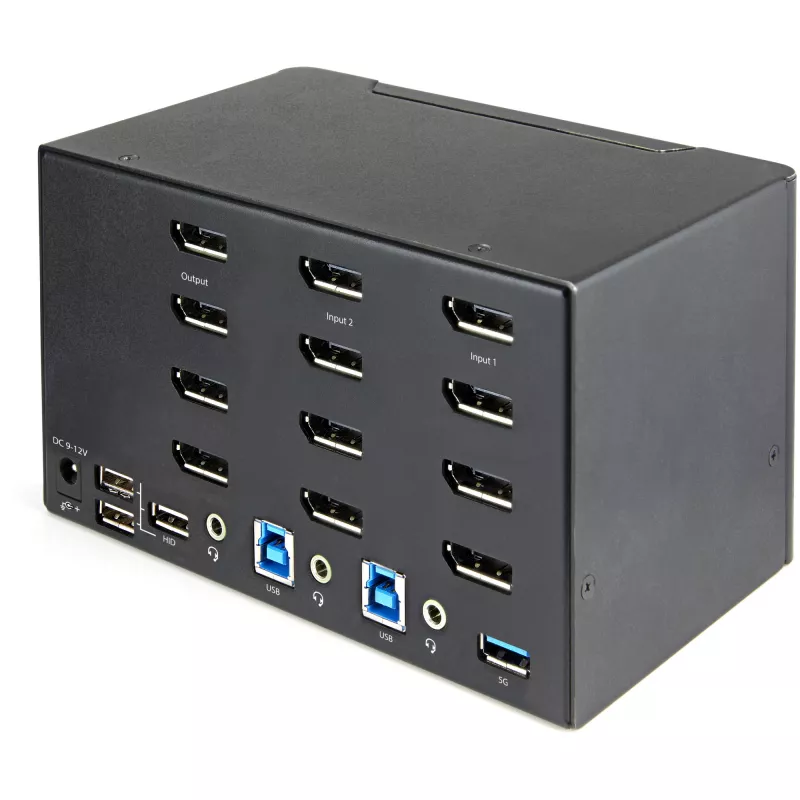 Comutador KVM DisplayPort StarTech.com de 2 portas para quatro monitores – 4K 60Hz UHD HDR – KVM DP 1.2 4K de secretária com hub USB 3.0 de 2 portas (5 Gbit/s) e 4 portas USB 2.0 HID, áudio – comutação por teclas de atalho – TAA