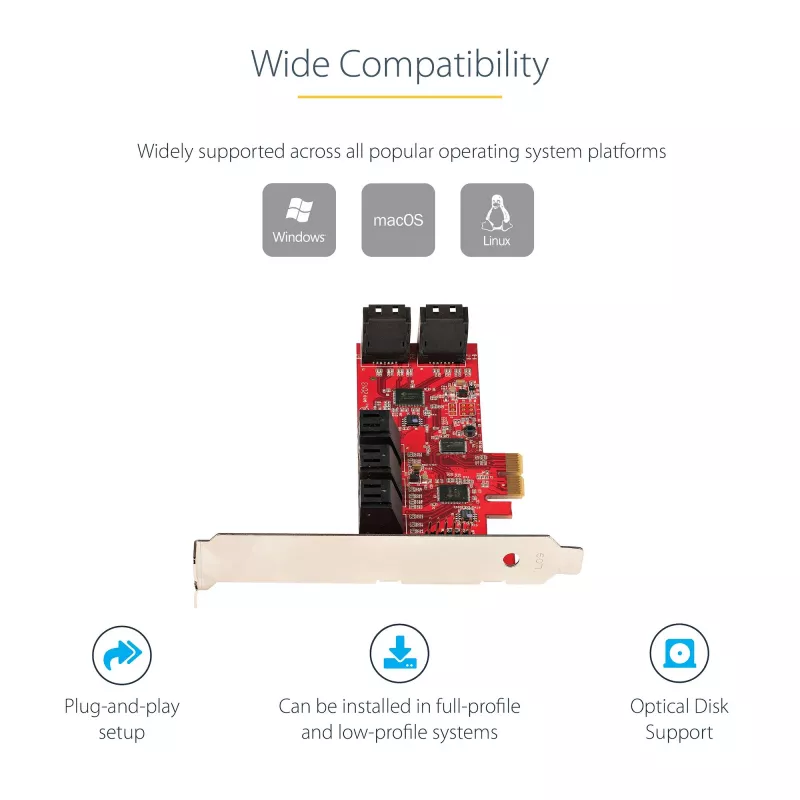 Placa SATA PCIe StarTech.com - placa de expansão PCIe SATA de 10 portas - 6 Gbit/s - perfil baixo/perfil completo - conectores SATA empilhados - ASM1062 Non-RAID - conversor/adaptador PCI Express para SATA