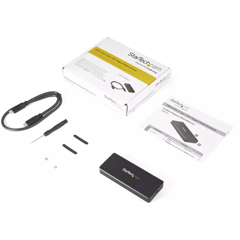 StarTech.com M2E1BRU31C caixa para SSD M.2 NVMe PCIe, USB-C 10 Gbit/s (USB 3.2 Gen 2), alumínio robusto, M-Key, IP67, compatível com Thunderbolt 3, preta