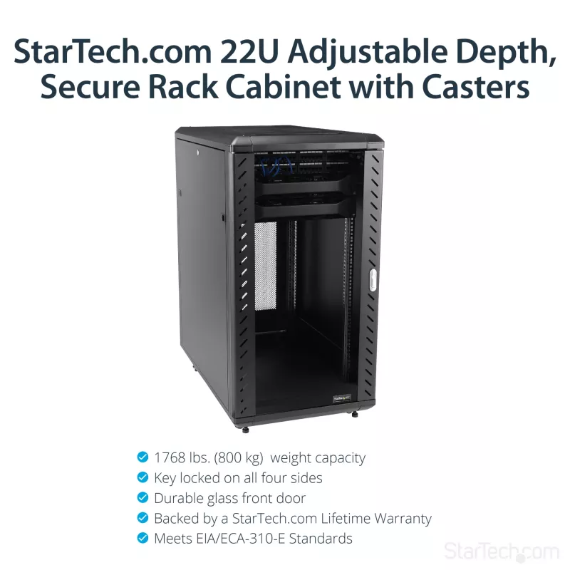 StarTech.com Armário de Servidor 22U de 4 Postes, Armário de Dados de 19 Polegadas com Fecho para Equipamento de Computador/AV/IT, Armário de Rede de Escritório/Casa com Rodas e Calhas de Montagem Ajustáveis
