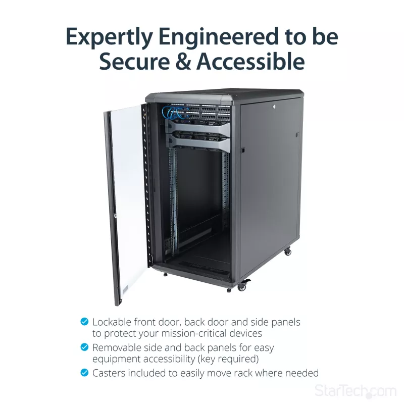 StarTech.com Armário de Servidor 22U de 4 Postes, Armário de Dados de 19 Polegadas com Fecho para Equipamento de Computador/AV/IT, Armário de Rede de Escritório/Casa com Rodas e Calhas de Montagem Ajustáveis
