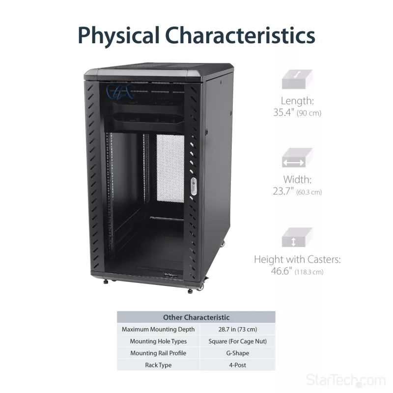 StarTech.com Armário de Servidor 22U de 4 Postes, Armário de Dados de 19 Polegadas com Fecho para Equipamento de Computador/AV/IT, Armário de Rede de Escritório/Casa com Rodas e Calhas de Montagem Ajustáveis