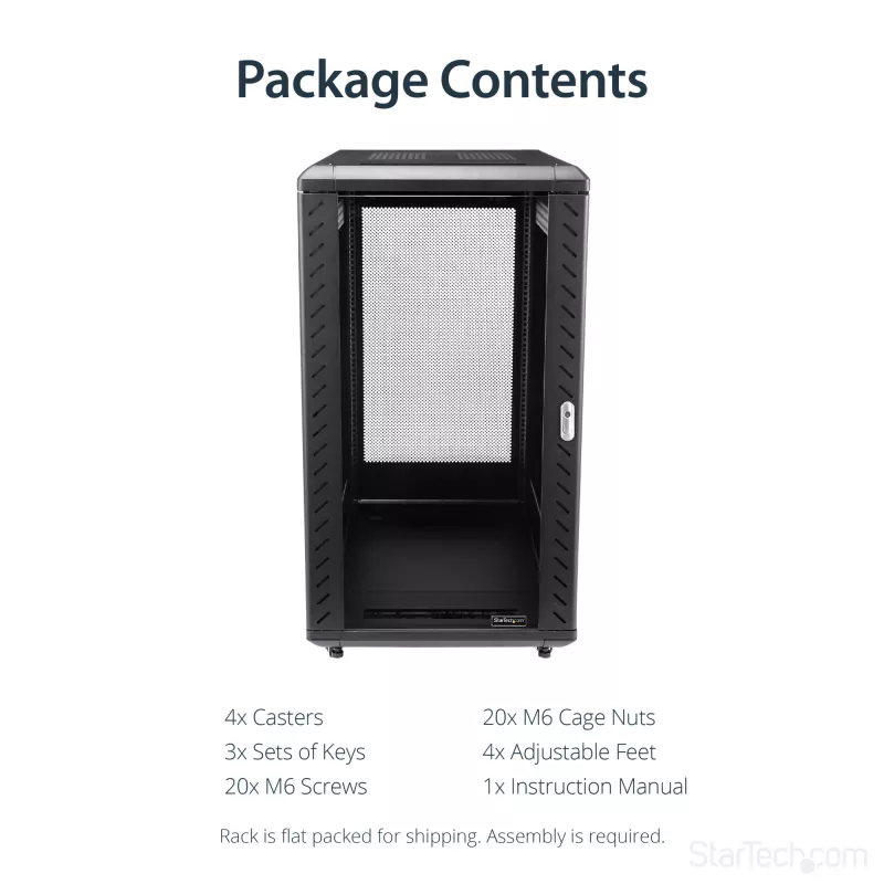 StarTech.com Armário de Servidor 22U de 4 Postes, Armário de Dados de 19 Polegadas com Fecho para Equipamento de Computador/AV/IT, Armário de Rede de Escritório/Casa com Rodas e Calhas de Montagem Ajustáveis