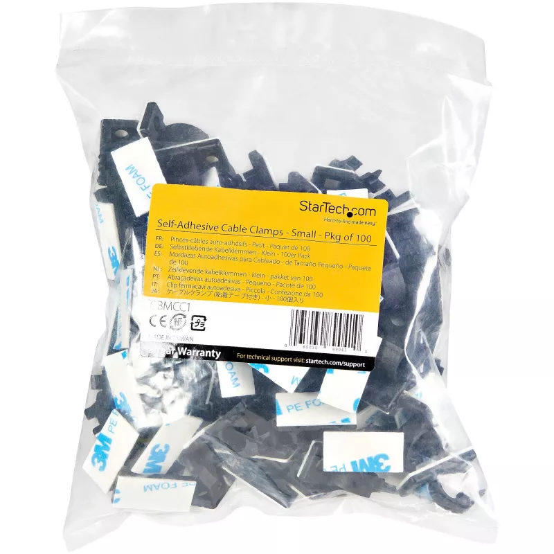 StarTech.com 100 clipes de gestão de cabos autocolantes preto – organizador de cabos de rede/Ethernet/secretária/computador – suporte adesivo para cabos/fios – clipe autocolante de nylon UL/94V-2 com certificação de resistência ao fogo
