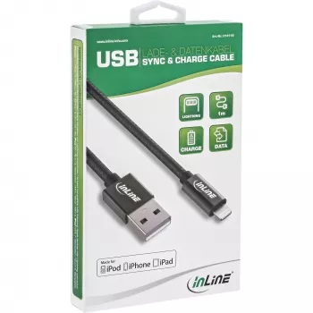 Cabo Lightning USB InLine, para iPad, iPhone, iPod, preto/alu, 1 m certificado MFi
