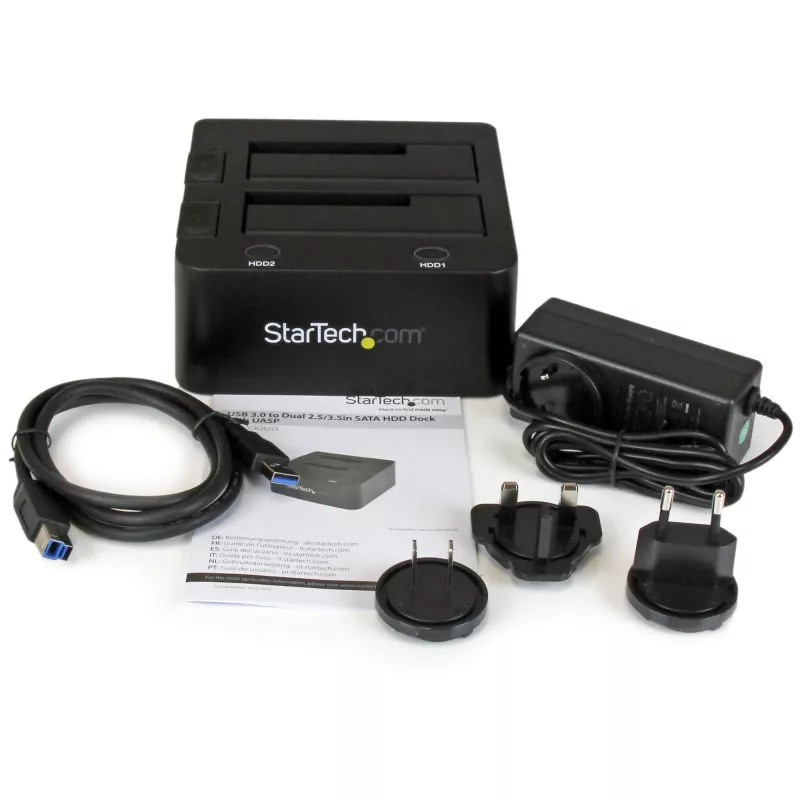 Estação de acoplamento StarTech.com Dual-Bay USB 3.0 para SATA, dock para disco rígido USB, estação de acoplamento externa 2,5/3,5 polegadas SATA I/II/III SSD/HDD, baía de disco rígido hot-swap, carregamento superior