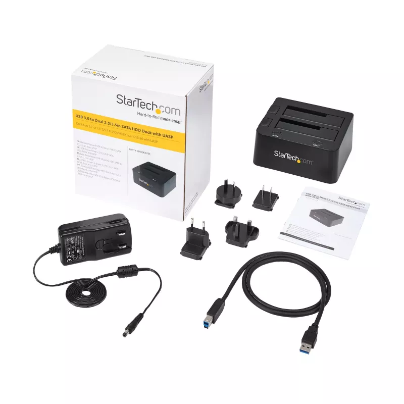 Estação de acoplamento StarTech.com Dual-Bay USB 3.0 para SATA, dock para disco rígido USB, estação de acoplamento externa 2,5/3,5 polegadas SATA I/II/III SSD/HDD, baía de disco rígido hot-swap, carregamento superior