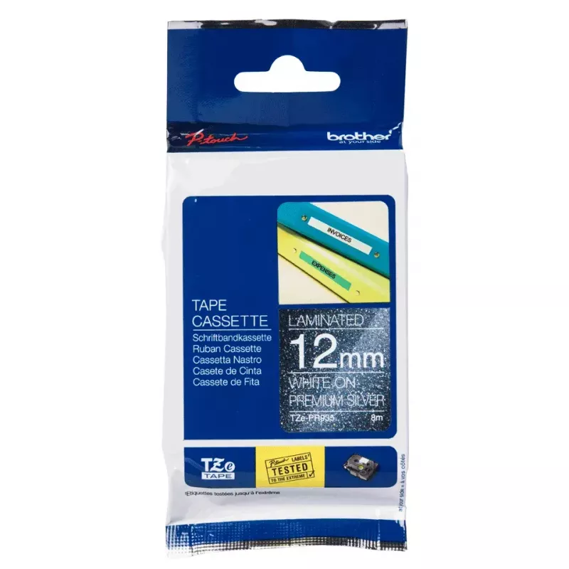 Fita de etiquetagem Brother TZE-PR935 branco sobre prateado