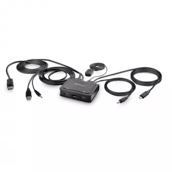 Switch KVM StarTech.com 2 portas híbrido cabo USB-C DisplayPort, 4K 60Hz, switch KVM compacto com cabos integrados de 1,8 m USB-A/DisplayPort/áudio e 1,2 m USB-C host, alimentado por bus – botão de controlo remoto/comutação por tecla de atalho