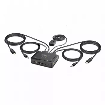 Switch KVM StarTech.com 2 portas cabo USB-C, saída DisplayPort 4K 60Hz, KVM compacto com cabos integrados de 1,2 m USB Type-C/áudio, alimentado por bus - botão de controlo remoto/comutação por tecla de atalho