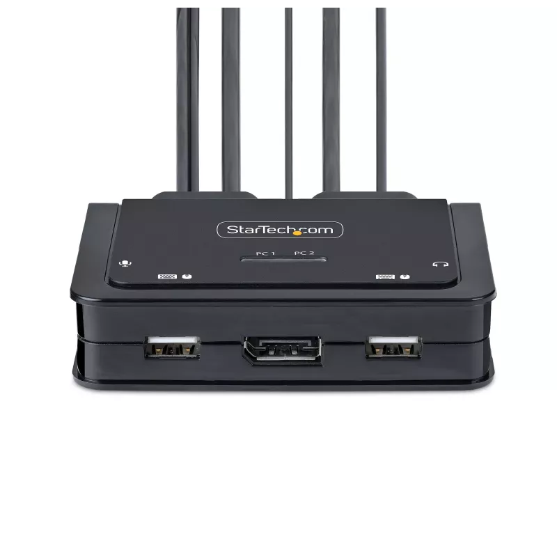 Switch KVM StarTech.com 2 portas cabo USB-C, saída DisplayPort 4K 60Hz, KVM compacto com cabos integrados de 1,2 m USB Type-C/áudio, alimentado por bus - botão de controlo remoto/comutação por tecla de atalho