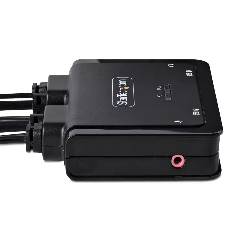 Switch KVM StarTech.com 2 portas cabo USB-C, saída DisplayPort 4K 60Hz, KVM compacto com cabos integrados de 1,2 m USB Type-C/áudio, alimentado por bus - botão de controlo remoto/comutação por tecla de atalho