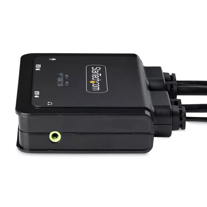 Switch KVM StarTech.com 2 portas cabo USB-C, saída DisplayPort 4K 60Hz, KVM compacto com cabos integrados de 1,2 m USB Type-C/áudio, alimentado por bus - botão de controlo remoto/comutação por tecla de atalho