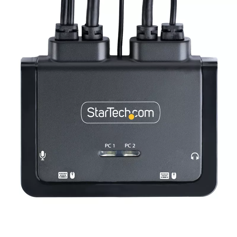 Switch KVM StarTech.com 2 portas cabo USB-C, saída DisplayPort 4K 60Hz, KVM compacto com cabos integrados de 1,2 m USB Type-C/áudio, alimentado por bus - botão de controlo remoto/comutação por tecla de atalho