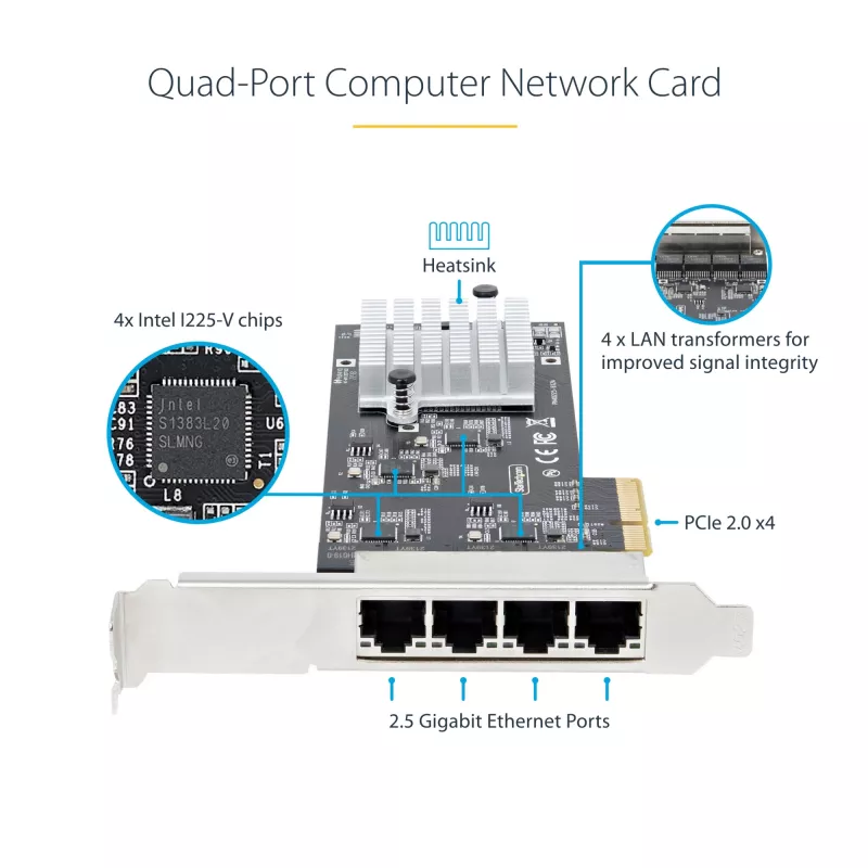 Placa de rede StarTech.com 4 portas 2,5 Gbit/s NBASE-T PCIe, Intel I225-V, placa de rede de computador de quatro portas, NIC multi-gigabit, placa LAN para servidor PCI Express, interface Ethernet para desktop