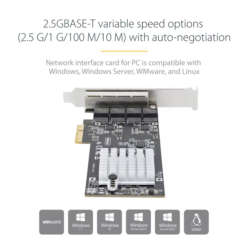Placa de rede StarTech.com 4 portas 2,5 Gbit/s NBASE-T PCIe, Intel I225-V, placa de rede de computador de quatro portas, NIC multi-gigabit, placa LAN para servidor PCI Express, interface Ethernet para desktop