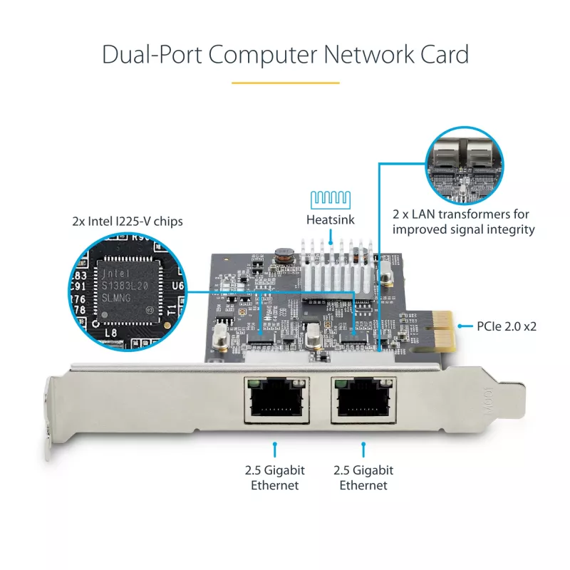 Placa de rede StarTech.com 2 portas 2.5Gbps NBASE-T PCIe, Intel I225-V, placa de rede de computador de duas portas, NIC multi-gigabit, placa LAN para servidor PCI Express, interface Ethernet para desktop