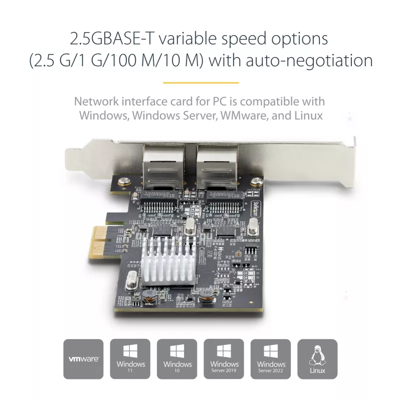 Placa de rede StarTech.com 2 portas 2.5Gbps NBASE-T PCIe, Intel I225-V, placa de rede de computador de duas portas, NIC multi-gigabit, placa LAN para servidor PCI Express, interface Ethernet para desktop