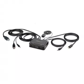 Switch KVM StarTech.com 2 portas híbrido cabo USB-C HDMI, 4K 60Hz, KVM compacto com cabos host integrados de 6ft/1,8m USB-A/HDMI/áudio e 4ft/1,2m USB-C, alimentado por bus - botão de controlo remoto/comutação por tecla de atalho