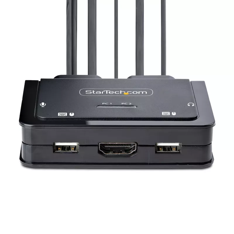 Switch KVM StarTech.com 2 portas híbrido cabo USB-C HDMI, 4K 60Hz, KVM compacto com cabos host integrados de 6ft/1,8m USB-A/HDMI/áudio e 4ft/1,2m USB-C, alimentado por bus - botão de controlo remoto/comutação por tecla de atalho