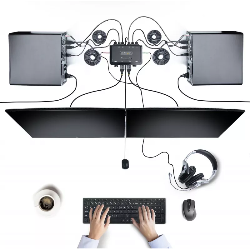 Switch KVM StarTech.com 2 portas dual-monitor cabo HDMI, 4K 60Hz, KVM compacto com cabos integrados de 1,5 m USB-A/HDMI/áudio, alimentado por bus – botão de controlo remoto/comutação por tecla de atalho