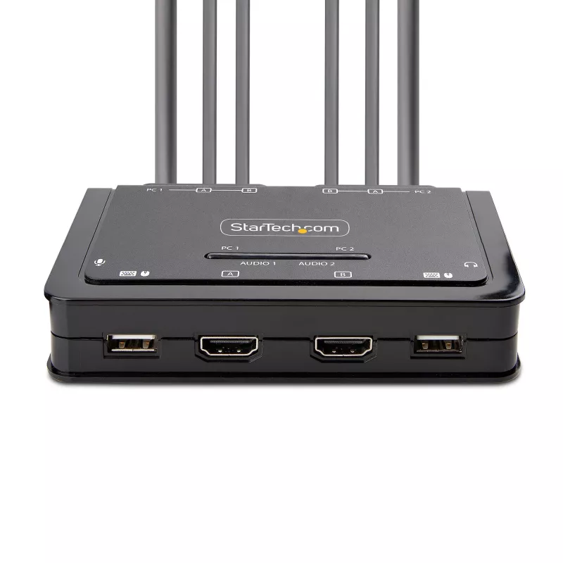 Switch KVM StarTech.com 2 portas dual-monitor cabo HDMI, 4K 60Hz, KVM compacto com cabos integrados de 1,5 m USB-A/HDMI/áudio, alimentado por bus – botão de controlo remoto/comutação por tecla de atalho