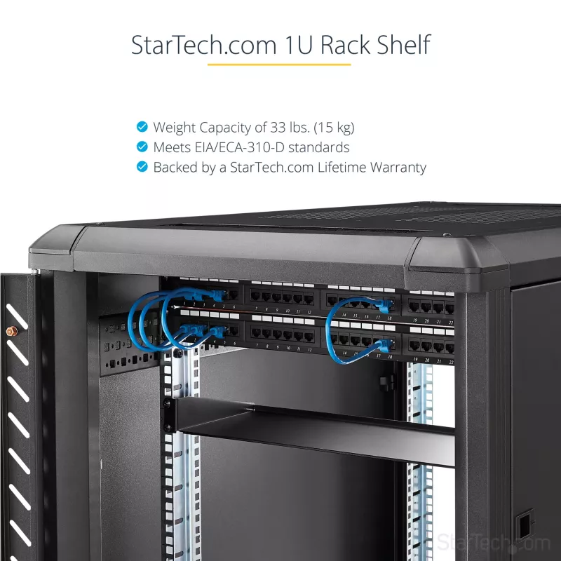 StarTech.com CABSHELF1U prateleira 1U para rack de servidor, prateleira fixa em cantilever para rack/armário de 19 polegadas, 17,7 cm (7 polegadas) de profundidade, capacidade de 15 kg (33 lb), com porcas de gaiola e parafusos, preta