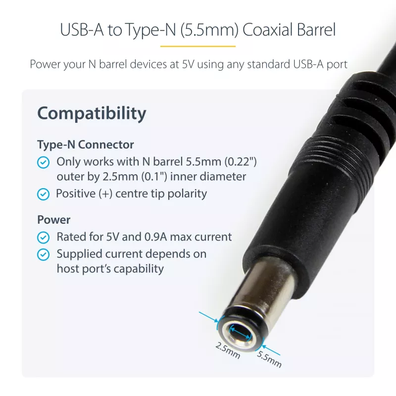Cabo de alimentação StarTech.com USB para 5,5 mm – ficha oca tipo N – 1 m, 1 m, USB A, ficha oca tipo N