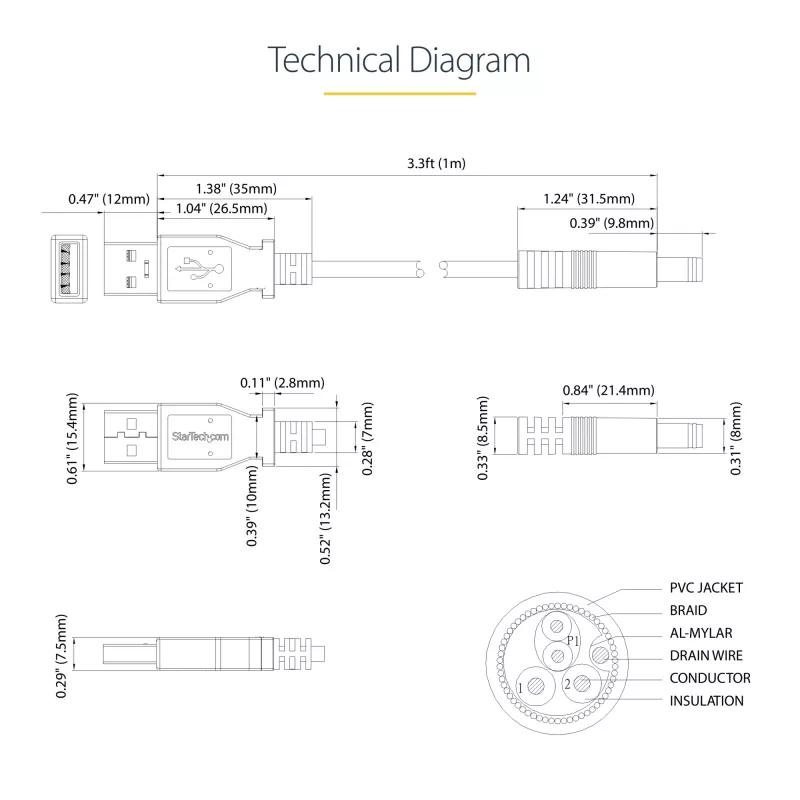 Cabo de alimentação StarTech.com USB para 5,5 mm – ficha oca tipo N – 1 m, 1 m, USB A, ficha oca tipo N
