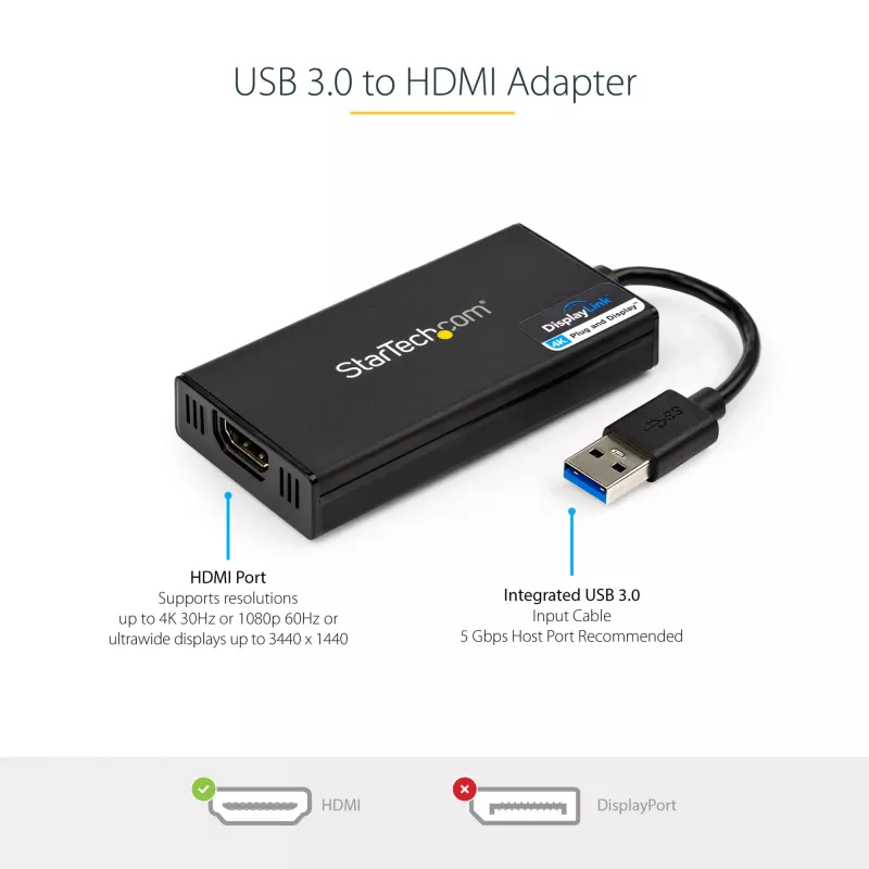 Adaptador StarTech.com USB 3.0 para HDMI - 4K 30Hz Ultra HD - certificado DisplayLink - adaptador conversor USB Type-A para HDMI para monitor - placa de vídeo e gráfica externa - Mac e Windows
