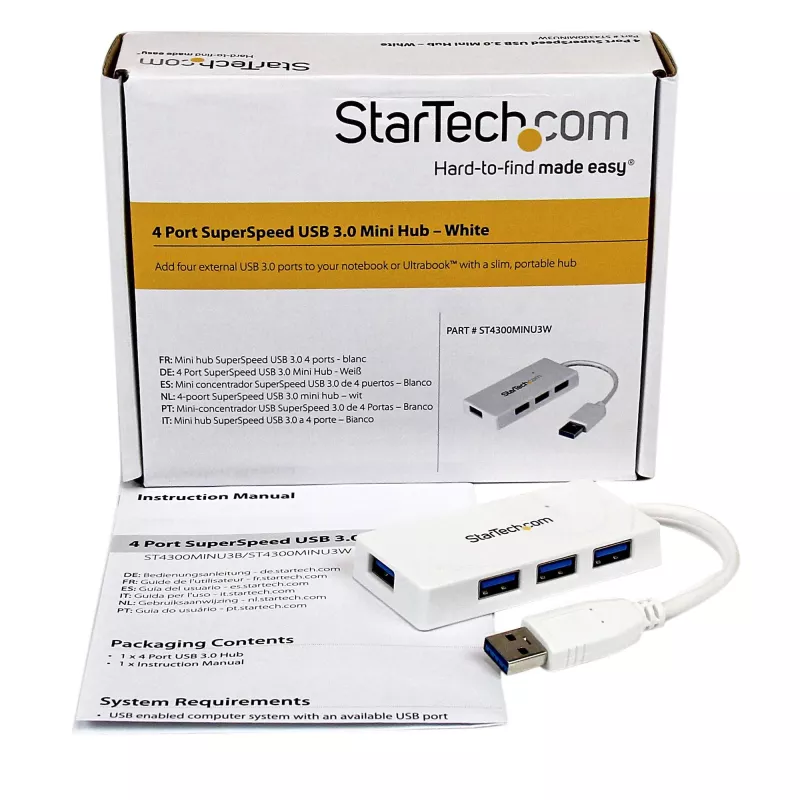 Hub StarTech.com 4 portas SuperSpeed Mini USB 3.0 portátil – branco