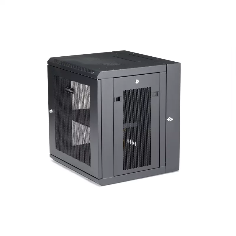 Armário de rede StarTech.com 4-Post 12U para montagem na parede com prateleira 1U, armário de servidor de 19 polegadas rebatível para montagem na parede para equipamento de dados/AV/eletrónica/informática, caixa de rack ventilada flexível