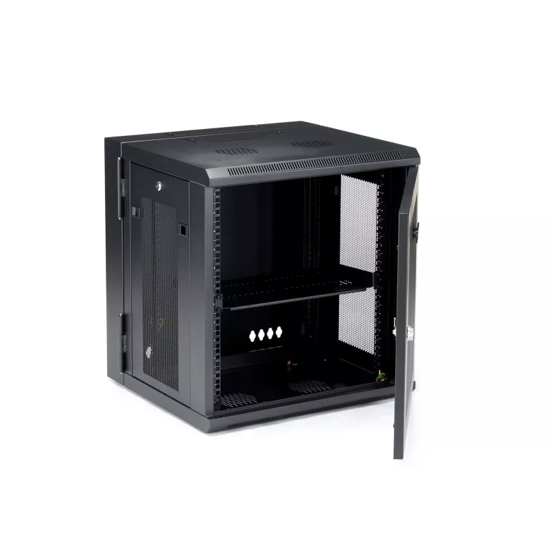Armário de rede StarTech.com 4-Post 12U para montagem na parede com prateleira 1U, armário de servidor de 19 polegadas rebatível para montagem na parede para equipamento de dados/AV/eletrónica/informática, caixa de rack ventilada flexível