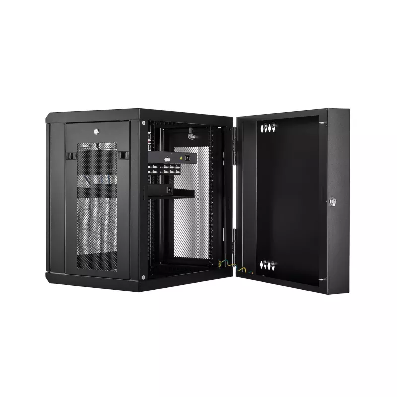 Armário de rede StarTech.com 4-Post 12U para montagem na parede com prateleira 1U, armário de servidor de 19 polegadas rebatível para montagem na parede para equipamento de dados/AV/eletrónica/informática, caixa de rack ventilada flexível
