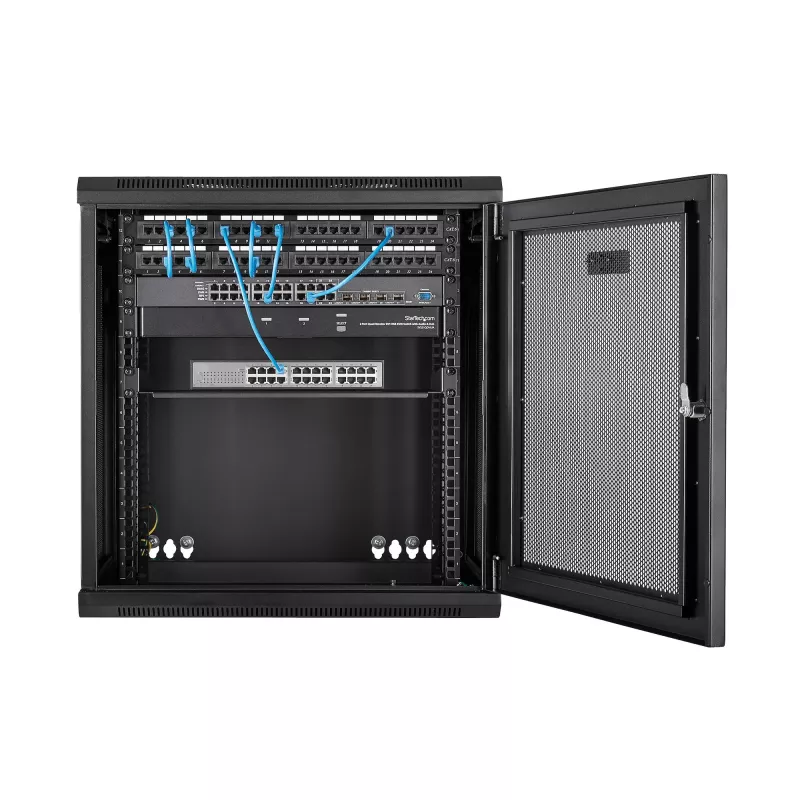 Armário de rede StarTech.com 4-Post 12U para montagem na parede com prateleira 1U, armário de servidor de 19 polegadas rebatível para montagem na parede para equipamento de dados/AV/eletrónica/informática, caixa de rack ventilada flexível