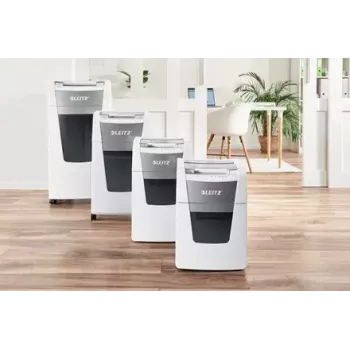 Destruidora de documentos LEITZ IQ Autofeed Small Office 100, corte cruzado P-4, 8 folhas, entrada 22 cm, depósito 34 L, cinzento