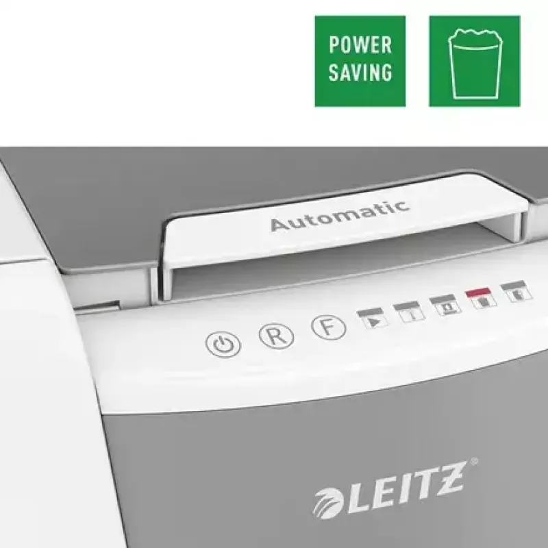 Destruidora de documentos LEITZ IQ Autofeed Small Office 100, corte cruzado P-4, 8 folhas, entrada 22 cm, depósito 34 L, cinzento