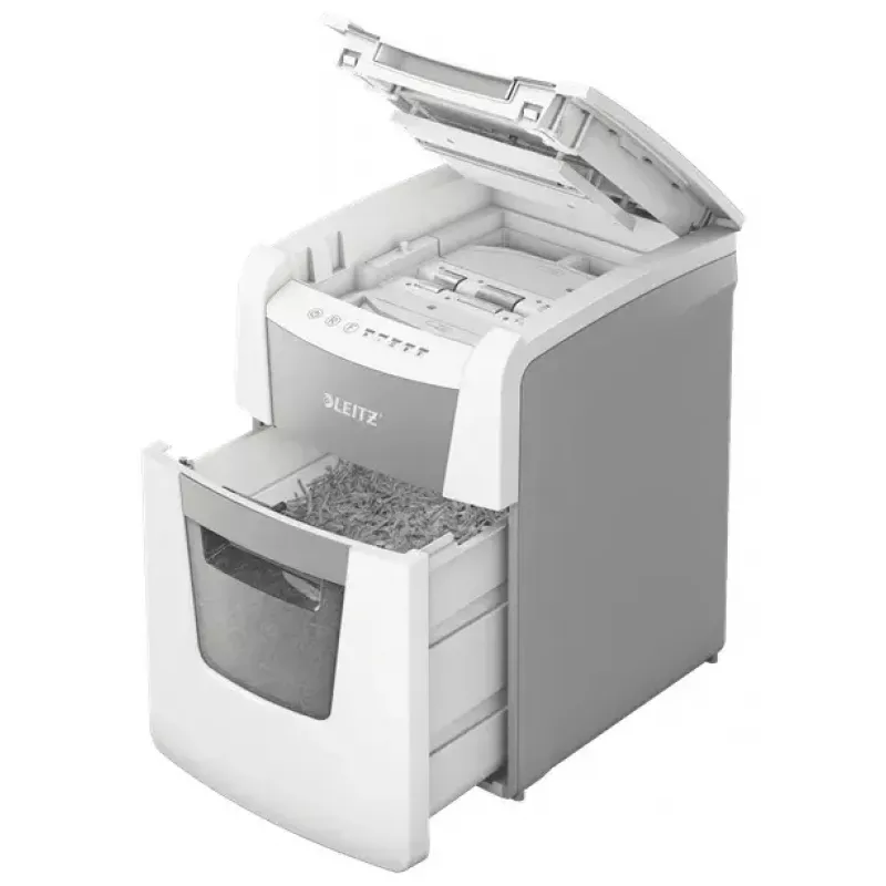 Destruidora de documentos LEITZ IQ Autofeed Small Office 100, corte cruzado P-4, 8 folhas, entrada 22 cm, depósito 34 L, cinzento
